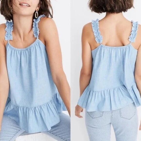 Madewell Blue Denim Chambray Ruffled Cami Tank Top Womens Size 4 - Picture 1 of 8